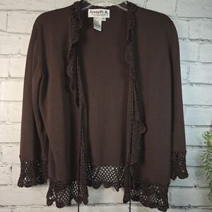 JOSEPH A CHOCOLATE BROWN KNIT CARDIGAN SET 3/4 SLEEVE CROCHETED HEM WOMENS 1XL